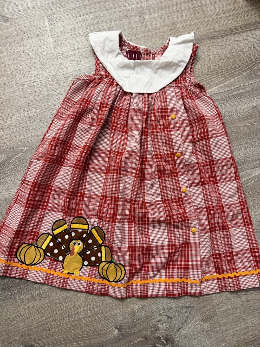Girls Red Plaid Seasonal Turkey Appliqué Dress with White Collar